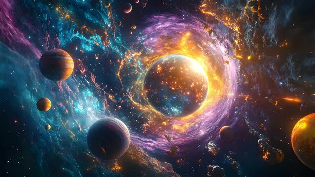 Fiery Cosmic Nebula with Planets and Celestial Bodies in Stunning Space Scene