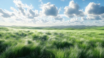 Naklejka premium Rolling green hills meet a bright blue sky with fluffy white clouds