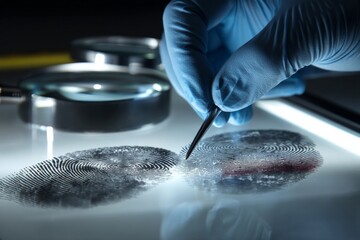 Forensic expert in the lab carefully examining fingerprints using professional equipment for analysis.
