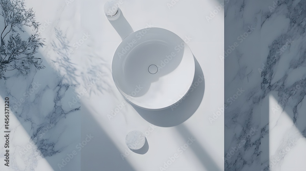 Poster elevated view of a minimalist sink on a marble surface.