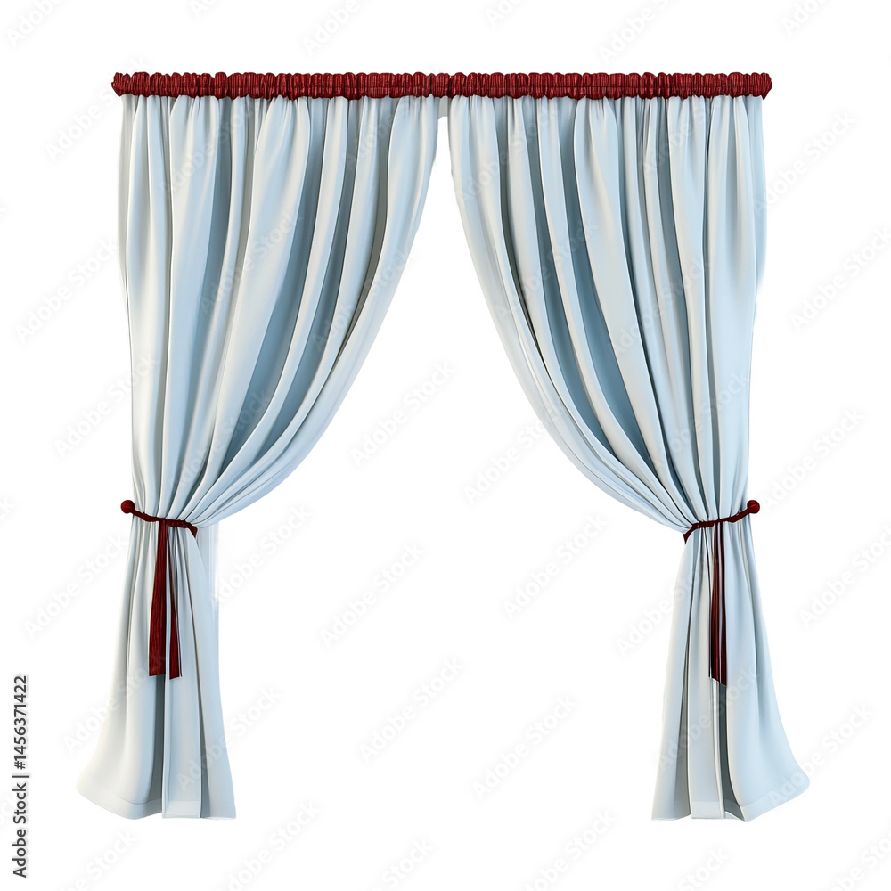 Poster elegant light blue curtains hang gracefully with red tiebacks, creating a sense of sophistication an