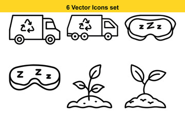 Recycle Truck, Sleep Mask, Sprout Plant 6 Vector Icons Set