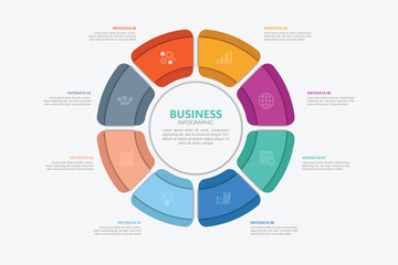 Obraz premium Infographic elements design template, A circle infographic with 8 steps can be used for workflow layout, presentation, diagram, banner, web design, and vector illustration.