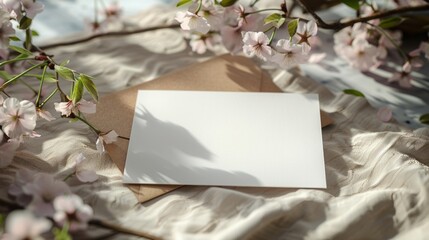 Spring greeting card with cherry blossoms and pink silk background