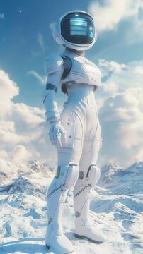 A robot astronaut stands on a snowy mountain, exploring an alien planet under a clear blue sky surrounded by soft clouds on a bright day