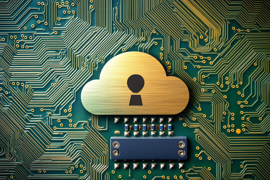 Secured cloud data storage on a circuit board a digital keyhole symbol on a gold cloud