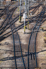 A view of the of railway tracks, switches and signals.