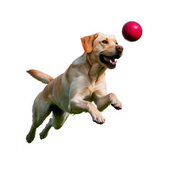 Labrador Retriever jumping mid-air to catch a red ball motion blur on paws joyful energy on transparent background