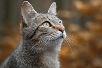 Obraz premium Grey Cat Looking Upward with Yellow Eyes