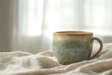 A ceramic mug sits on a linen cloth near a window.