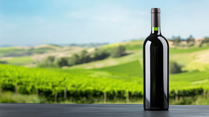 Sleek organic wine bottle stands elegantly against picturesque vineyard backdrop, evoking sense of tranquility and nature beauty