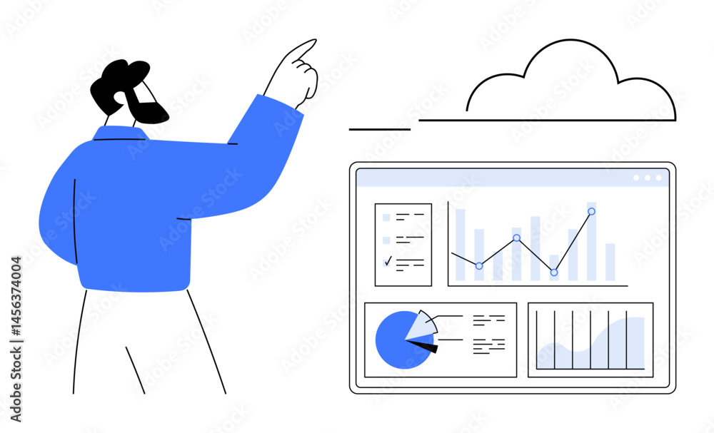 Poster man pointing at cloud while examining graphs, charts, and analytics on a digital dashboard. ideal fo