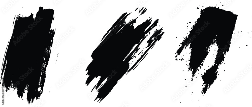 Poster isolated collection of abstract black paint splashes and brush stroke white background. collection o