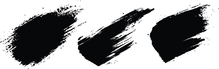 Vector set of grunge black brush marks isolated on transparent background. Abstract black paint splashes and brush strokes on a white background. Three bold strokes of black paint on a white surface,