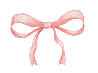 Coquette pink vintage bow drawing, isolated watercolor illustration, cute red ribbon