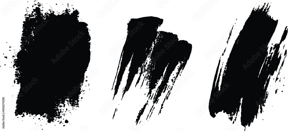Poster isolated collection of abstract black paint splashes and brush stroke white background. collection o
