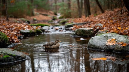 Fototapeta premium Duck on autumnal forest stream