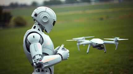 A white humanoid robot controlling a drone on a green field. Iridescent colors and light beams pierce through a hazy atmosphere, Generative Ai