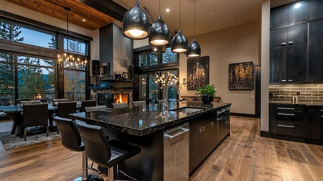 Modern luxury kitchen with dining area.