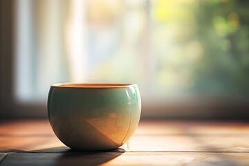 Light-filled room, tranquil scene, ceramic cup on a table.