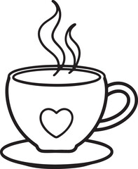cup of coffee with heart line art, black outline, vector and illustration, coloring book page line art drawing