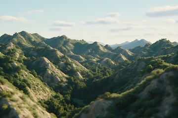 Naklejka premium Serene Mountain Landscape Rolling Hills and Lush Green Foliage under a Sunny Sky