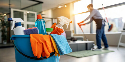 Office cleaning, cleaning supplies in foreground, blurred janitor in background, modern office space, evening sunlight, glass windows, blue and orange color scheme, bucket with cleaning products
