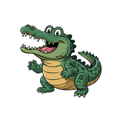 A cute cartoon crocodile sitting happily in a swamp surrounded by green plants.