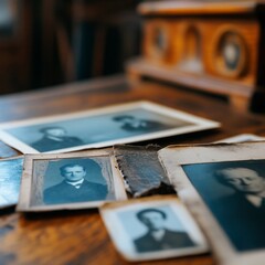 Nostalgic display of antique portraits on wood grain surface tabletop