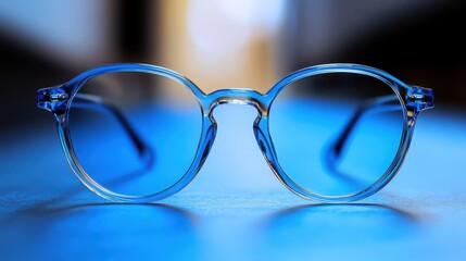 Glasses with Blue Light Coating - A close-up view of glasses with subtle blue anti-reflective coating, catching the light at an angle to reveal its hue
