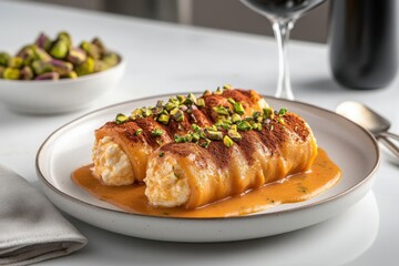 Delicious dessert featuring rolled pastries filled with cream and topped with pistachios served at a modern dining setting