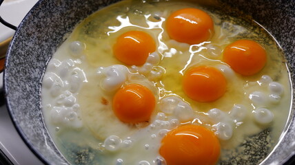 freshly fried eggs in a frying pan
