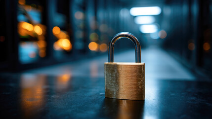 Close-up of a secure brass padlock in a server room