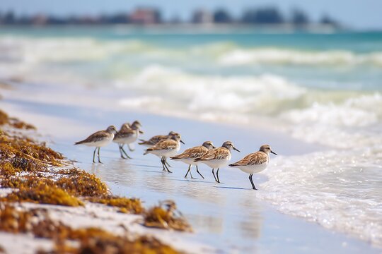 Flock of Sanderlings Foraging on a Sunny Beach near the Ocean Waves