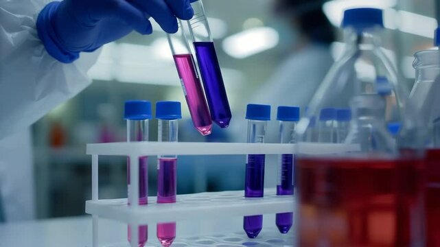 Close-up cinematic shot of an engineer in a modern laboratory, wearing clean blue nitrile gloves, carefully holding and examining several transparent glass test tubes fille