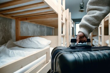 Traveler arrives at a hostel with a suitcase ready for a new adventure in a cozy shared dormitory space