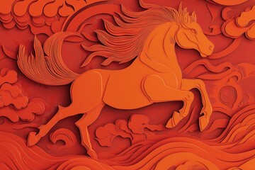 Fototapeta premium Orange Papercut Horse Chinese New Year 2026 Celebration Symbol