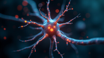 Macro shot of a single neuron cell firing electric impulses, surrounded by digital particles, dark background, biotech fantasy, close-up, microphotography