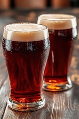 Rich amber beer served in glasses on a wooden table during a casual gathering in a cozy setting