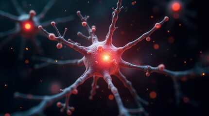 Macro shot of a single neuron cell firing electric impulses, surrounded by digital particles, dark background, biotech fantasy, close-up, microphotography