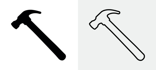 Silhouette hammer, line vector image of a construction hammer isolated on a white background