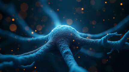 Macro shot of a single neuron cell firing electric impulses, surrounded by digital particles, dark background, biotech fantasy, close-up, microphotography