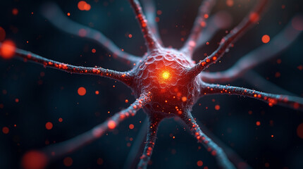Macro shot of a single neuron cell firing electric impulses, surrounded by digital particles, dark background, biotech fantasy, close-up, microphotography