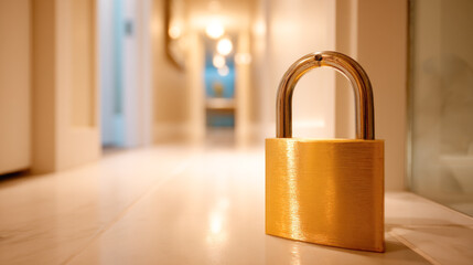 Fototapeta premium Golden padlock on polished floor in well-lit corridor