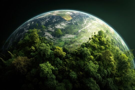 Beautiful green planet with lush forests seen from space, showcasing vibrant ecosystems and healthy vegetation thriving below