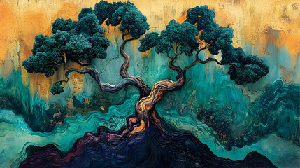 Abstract painting of a stylized bonsai tree on a textured surface.