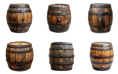    Collection set of  Wooden oak barrels  isolated on transparent white background, clipping path ,png