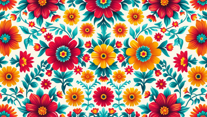 Sketched Vector Flower Print Seamless Background Yellow Red Green Floral Pattern for Fabric & Design