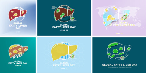 Global Fatty Liver Day Greeting Cards and Banner, celebrated on June 12. International NASH day. Illustration of unhealthy liver with fat  deposits, damaged liver. Vector Illustration.