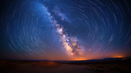 Obraz premium Long exposure of the Milky Way with star trails circling the celestial pole, showing Earth's rotation